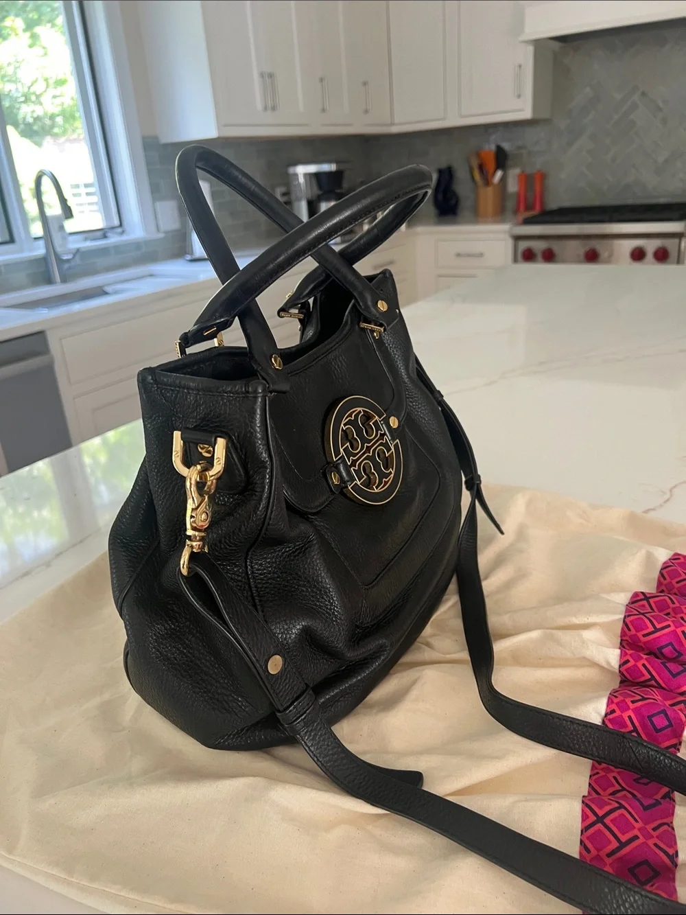 Tory Burch Black Leather Shoulder Satchel with Gold Logo